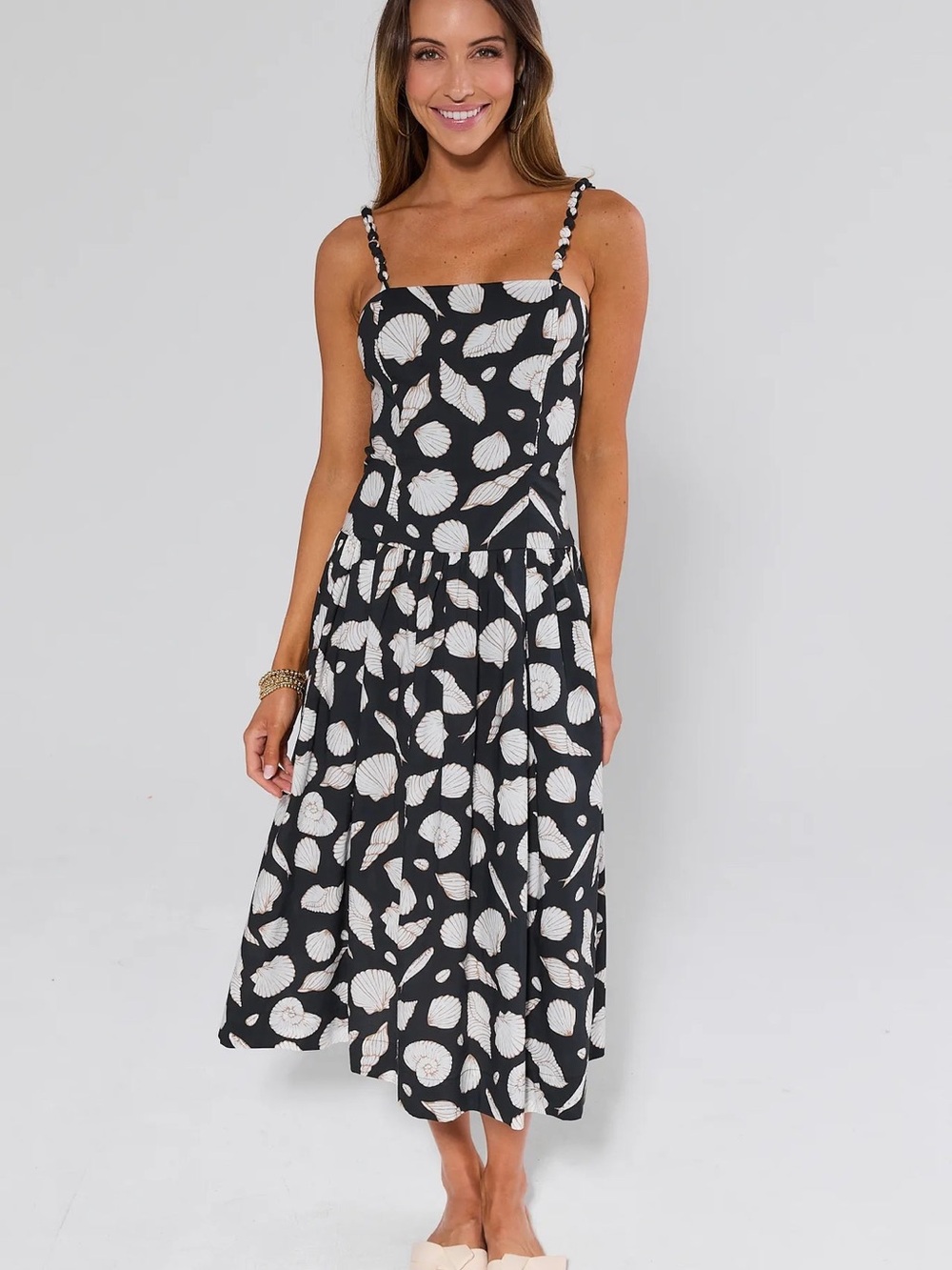 Black & White Avara Shell-Print Spaghetti Strap Midi Dress